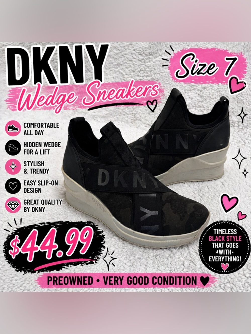 🖤 DKNY Black Camo Wedge Sneakers Size 7 Black Slip-On